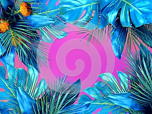 Trendy turquoise colored close up of various tropical leaves on bright pink and violet background