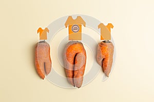 trendy ugly organic carrot as trousers with t-shirt cut from paper creative concept