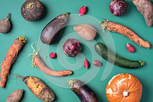 Trendy ugly organic vegetables. Assortment of fresh eggplant, onion, carrot, zucchini on green background. Top view. Cooking ugly