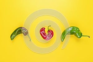 Trendy Ugly red chilli peppers on yellow background, minimal nature style, pop-art, creative food concept