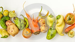 Trendy Ugly Vegetables: potatoes, carrots, cucumber, peppers and tomatoes on white background, ugly food concept