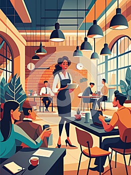 Trendy Urban Cafe with Barista and Customers Enjoying Coffee photo