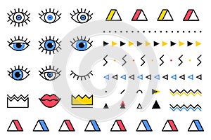 Trendy vector geometric shapes set in 80s style. Memphis graphic elements on white background for banner, poster or