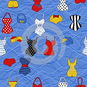 Trendy vector seamless pattern with cute swimsuits