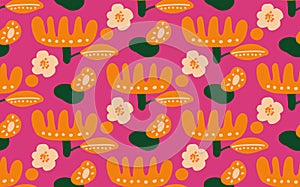 Trendy vector seamless repeating pattern with hand drawn flowers and different shapes on pink background