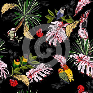 Trendy Vector sketch.Hand drawn seamless pattern with dark tropical wild forest and exotic birds with palm leaves.Design for