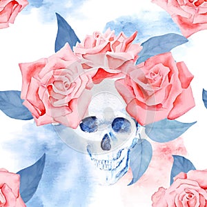 Trendy watercolor pattern with roses and skull.