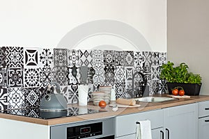 Trendy white kitchen interior with elegant wooden cupboards