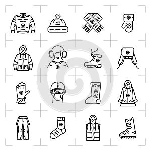 Trendy winter clothes isolated line icons set, sport, snowboarding, ski