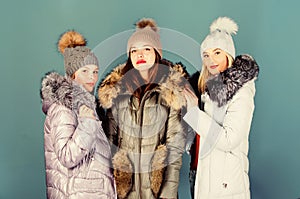 Trendy winter coat. girls in beanie. flu and cold. seasonal shopping. winter clothing fashion. faux fur down jacket