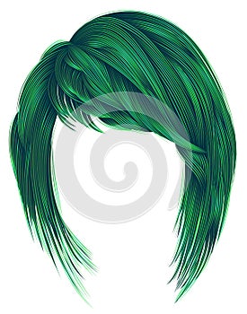 Trendy woman hairs green colors. kare with bangs medium lengt