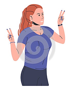 Trendy Woman Showing Peace Gesture with Fingers.