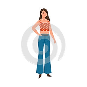 Trendy woman wearing flared denim jeans and top vector flat illustration. Stylish person demonstrate fashion street