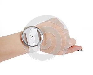 Trendy wrist watch on woman hand