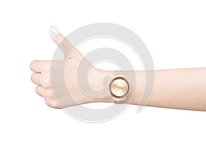 Trendy wrist watch on woman hand isolated on white background.