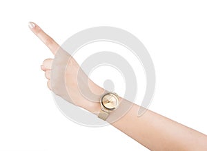 Trendy wrist watch on woman hand isolated on white background.