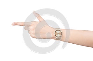 Trendy wrist watch on woman hand isolated on white background.