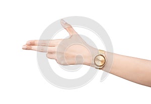 Trendy wrist watch on woman hand isolated on white background.