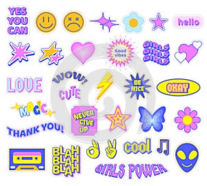 Trendy Y2K stickers. Cute girly patches, butterfly and glamour heart symbols. Retro stars, flowers and smiles vector set photo