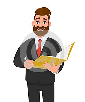 Trendy young businessman holding a file. Stylish person in black suit, reading yellow folder or documents. Male character design.