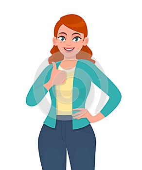 Trendy young woman showing thumbs up sign. Pretty teenage girl making like, good or success gesture. Female character design.