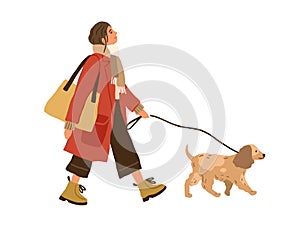 Trendy young woman walking with dog. Pet owner strolling with cute puppy on leash. Hand-drawn colored flat vector