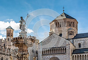 Trento city: main square Piazza Duomo, with clock tower and the Late Baroque Fountain of Neptune. City in Trentino Alto Adige, nor