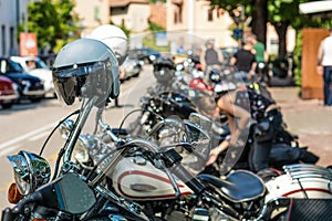 Trento, July 22, 2017: Show classic motorcycles. Motorcycle parts details. Vintage filter effect