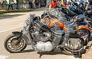 Trento, July 22, 2017: Show classic motorcycles. Motorcycle parts details. Vintage filter effect