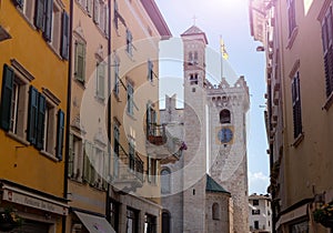 Trento, Trentino, Italy, June 2021. On a beautiful summer day, a beautiful three-quarter view of the Cathedral of San Vigilio.