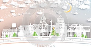 Trenton New Jersey. Winter City Skyline in Paper Cut Style with Snowflakes, Moon and Neon Garland. Christmas and New Year Concept