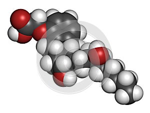 Treprostinil pulmonary arterial hypertension drug molecule. Synthetic analog of prostacyclin (PGI2). Atoms are represented as photo