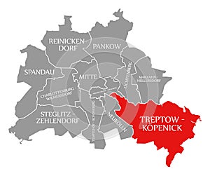 Treptow-Koepenick city district red highlighted in map of Berlin Germany photo