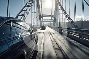 trestles and cables stretching across a bridge, with cars passing below