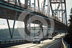 trestles and cables stretching across a bridge, with cars passing below