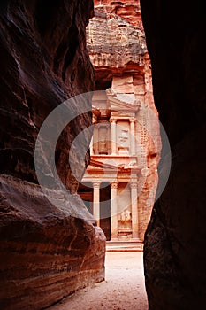 The Tresury from a narrow opening in the Siq, Petra, Jordan