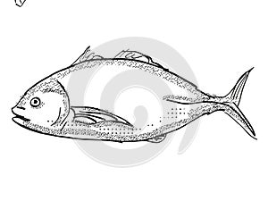 Trevally New Zealand Fish Cartoon Retro Drawing