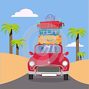 Treveling by red car with pile of luggage bags on roof near beach with palms. Summer tourism, travel, trip. Flat cartoon 