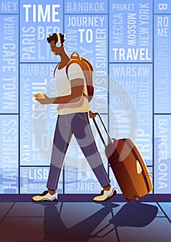 A Treveller in an airport. Around the world. Vector flat modern poster. Sunset.