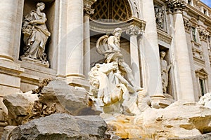 Trevi Fountain, central figure of Neptune or Ocean. Beautiful baroque Fontana di Trevi by Nicola Salvi