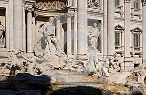 Trevi Fountain detail, Oceanus under triumphal arch in chariot being pulled by two ocean horses