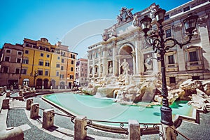 Trevi Fountain in Rome with nobody. Monument in one of the many landmarks in the capital of Italy. No person present. Sky