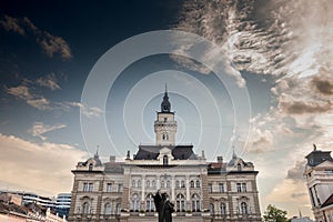 Trg Slobode Square with the city hall, or Gradska Kuca, and the Svetozar Miletic statue created in 1935 by Ivan mestrovic in novi