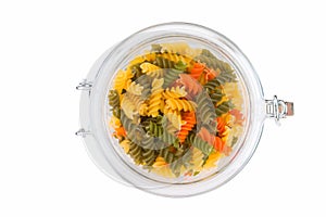 Tri colored pasta in a jar