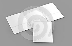 Tri-fold Blank white reinforced A4 single pocket folder catalog on grey background for mock up. 3D rendering.