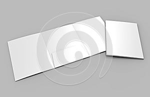 Tri-fold Blank white reinforced A4 single pocket folder catalog on grey background for mock up. 3D rendering.