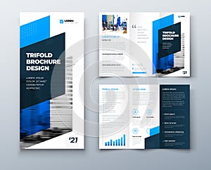 Tri fold blue brochure design with square shapes, corporate business template for tri fold flyer. Template is white with