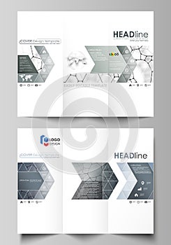 Tri-fold brochure business templates on both sides. Abstract vector layout in flat design. Chemistry pattern, molecular