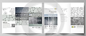 Tri-fold brochure business templates on both sides. Abstract vector layout in flat design. Chemistry pattern, molecular