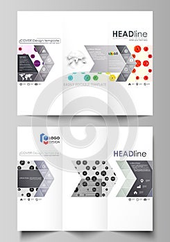Tri-fold brochure business templates on both sides. Abstract vector layout in flat style. Chemistry pattern, hexagonal